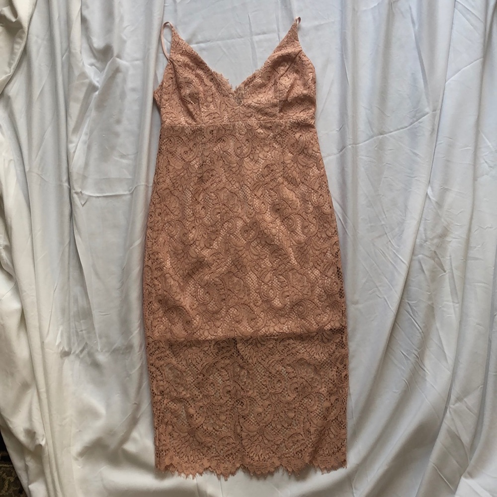 Bardot lace midi dress, Size 8, color is blush.